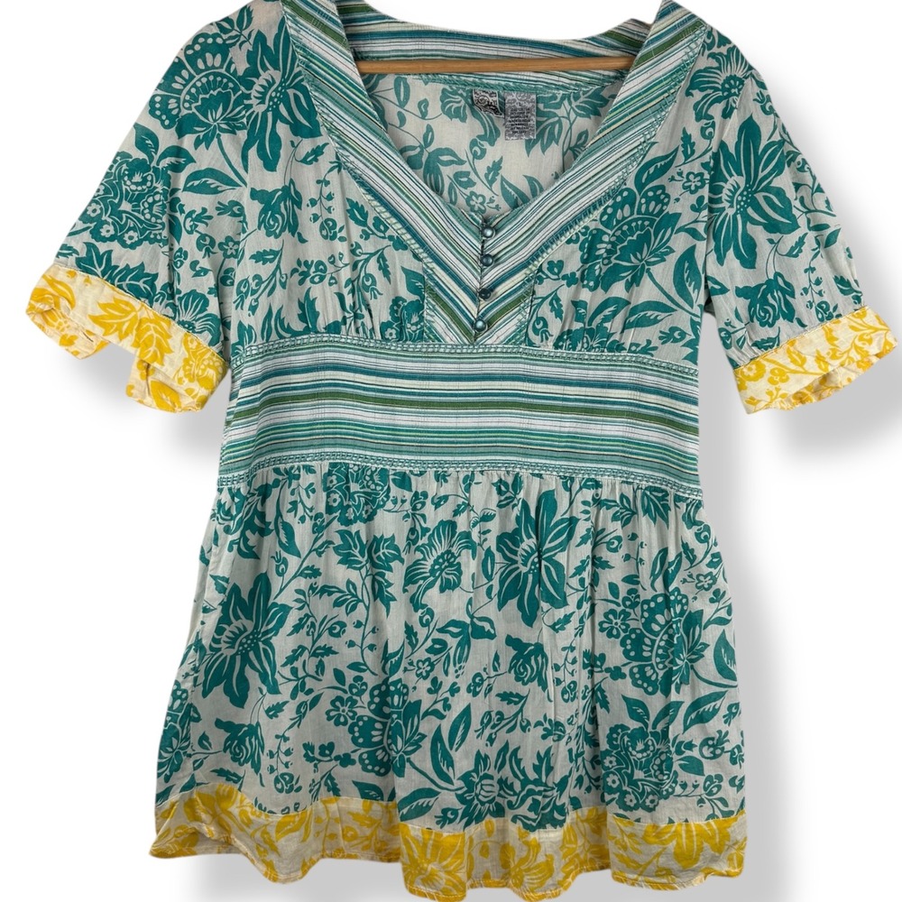 Boho Floral Split-Neck Tunic Top – Teal & Yellow